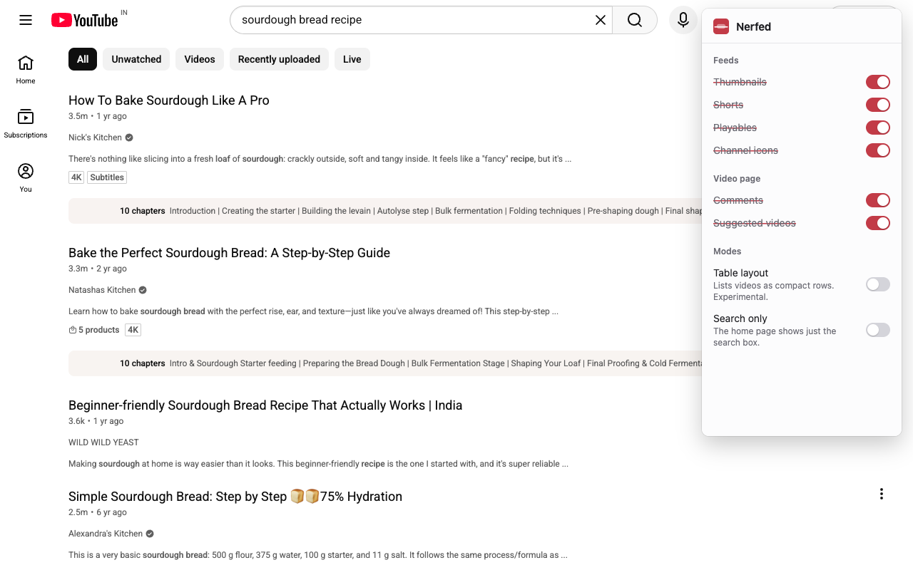 YouTube search results without thumbnails or channel icons, with the Nerfed menu open showing its switches.
