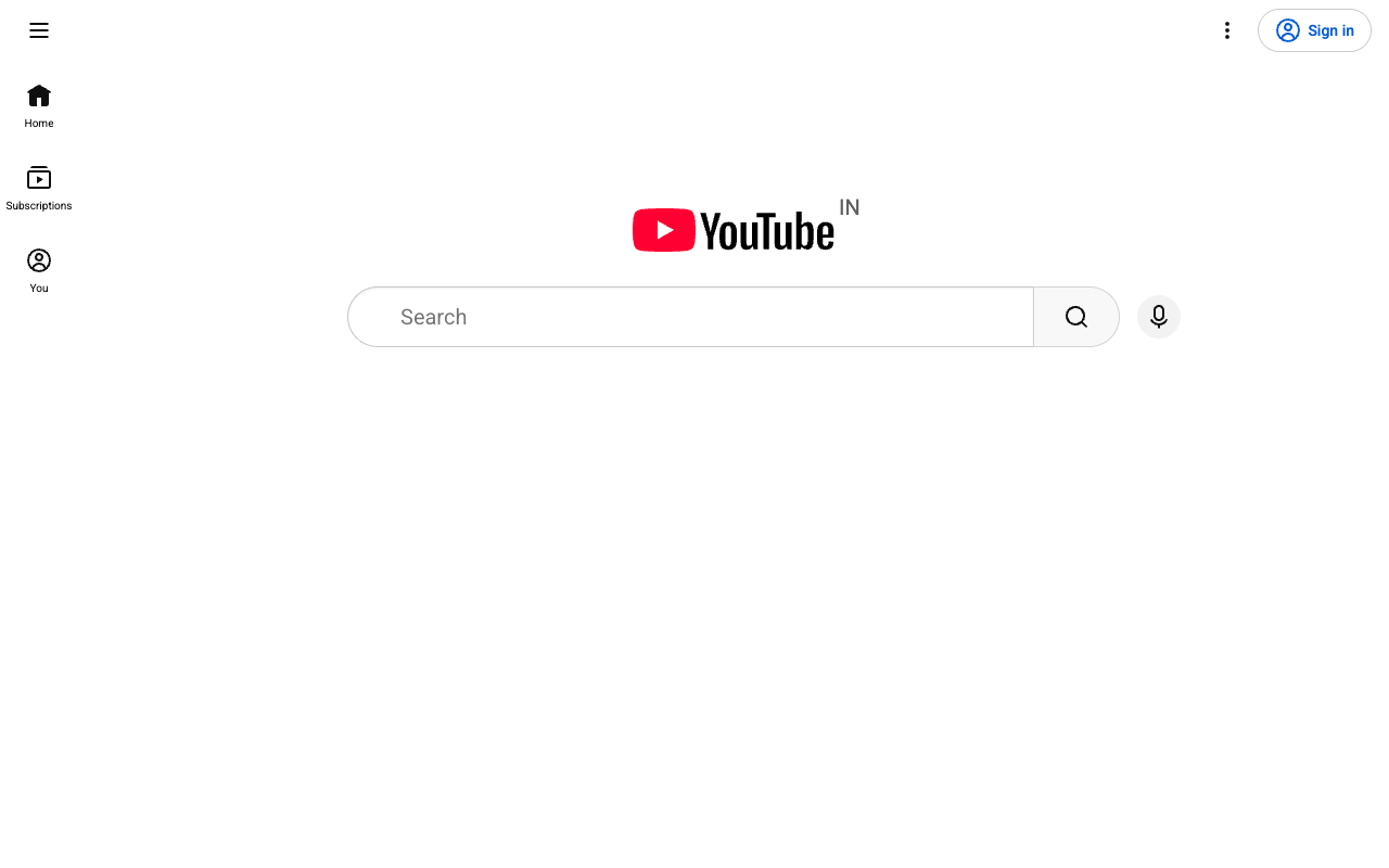 YouTube's home page showing only the logo and a large search box.